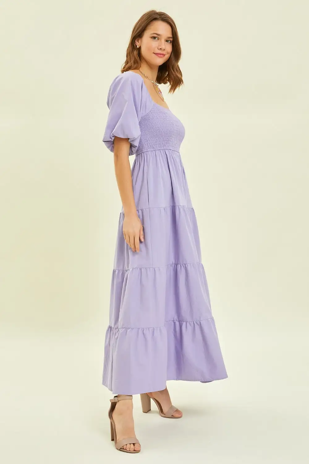 HEYSON Puff Sleeve Tiered Ruffled Poplin Dress