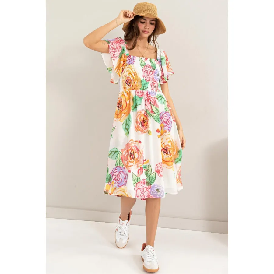 HYFVE Floral Flutter Sleeve Smocked Dress