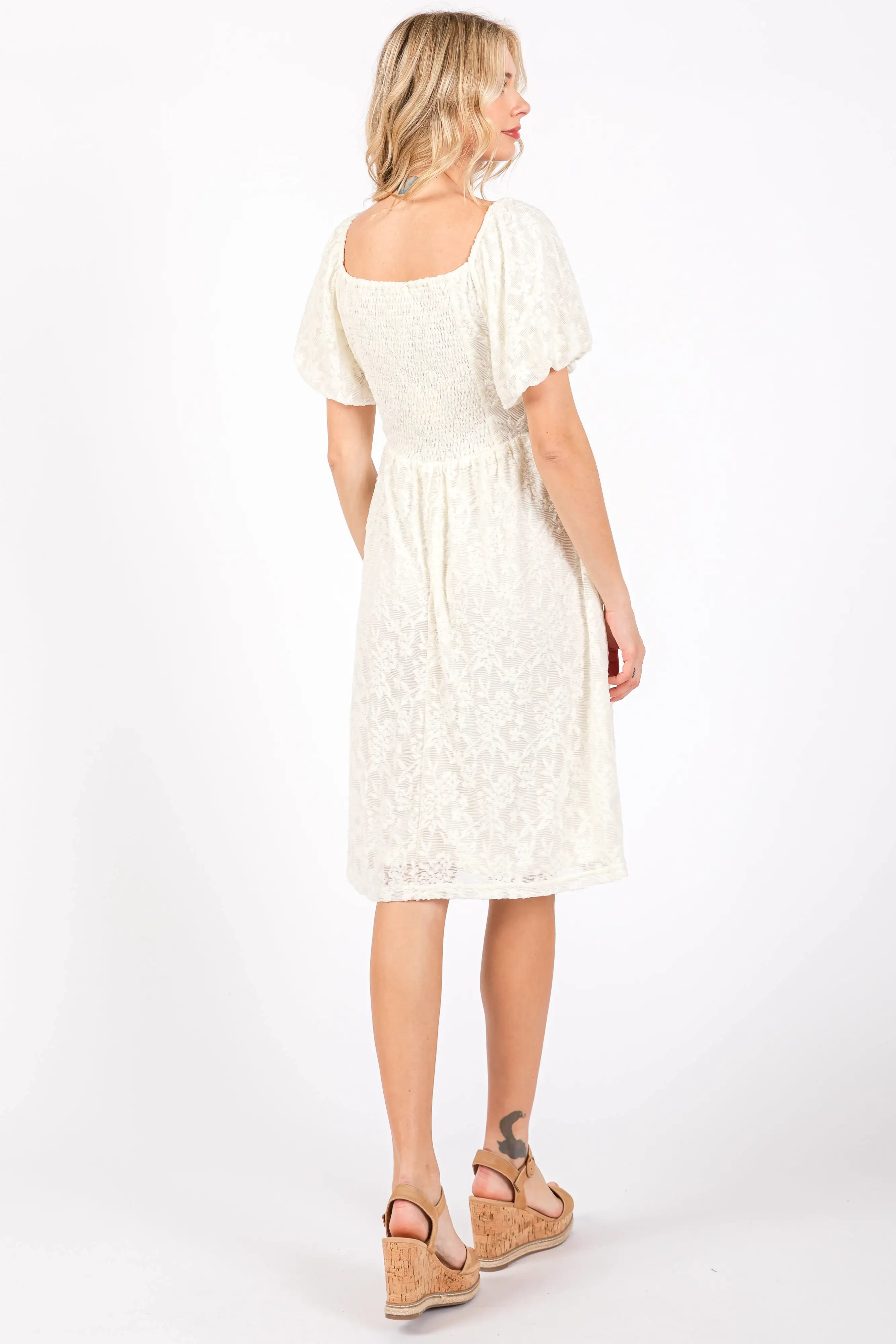 Ivory Lace Puff Sleeve Dress