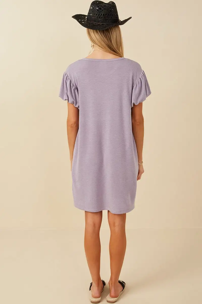 Lavender Gathered Puff Sleeve Terry Knit Dress