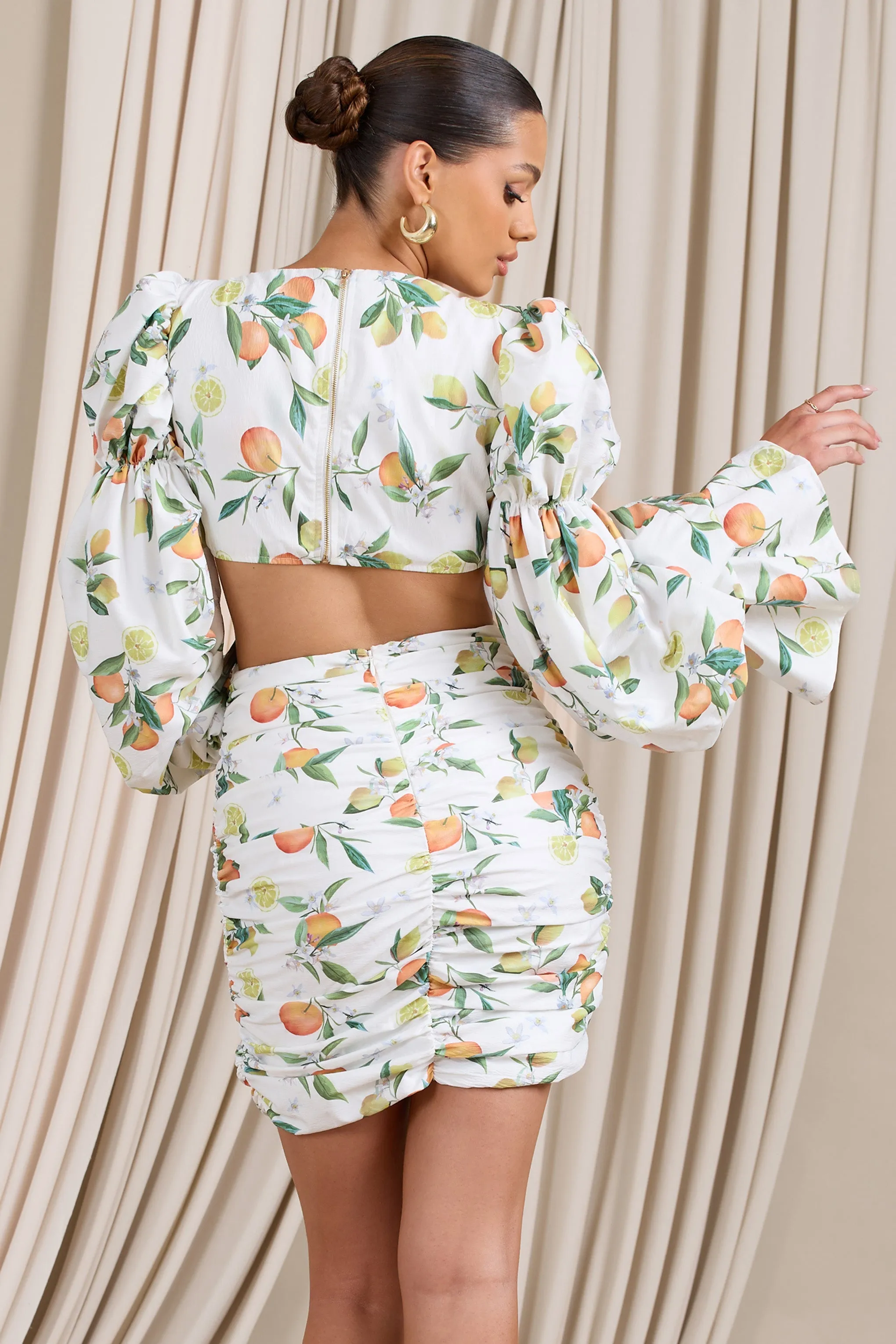 Limoncello | Lemon Print Ruched Cut-Out Mini Dress With Puff Sleeves