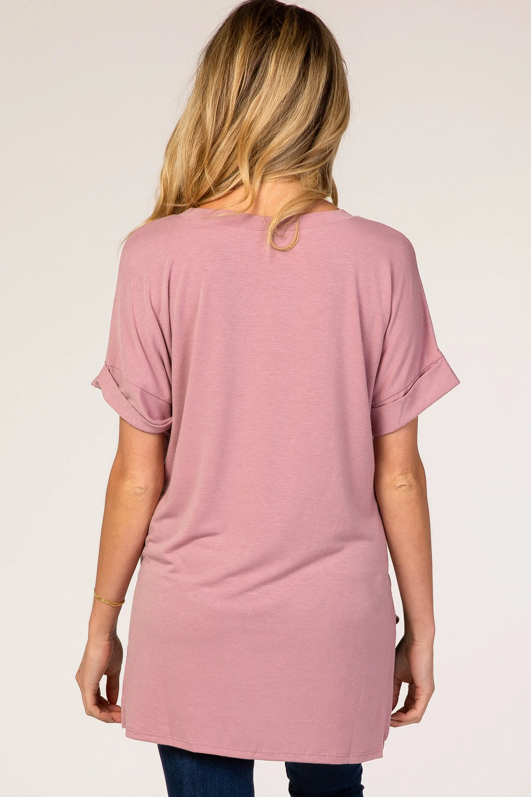 Mauve V-Neck Cuffed Short Sleeve Maternity Top