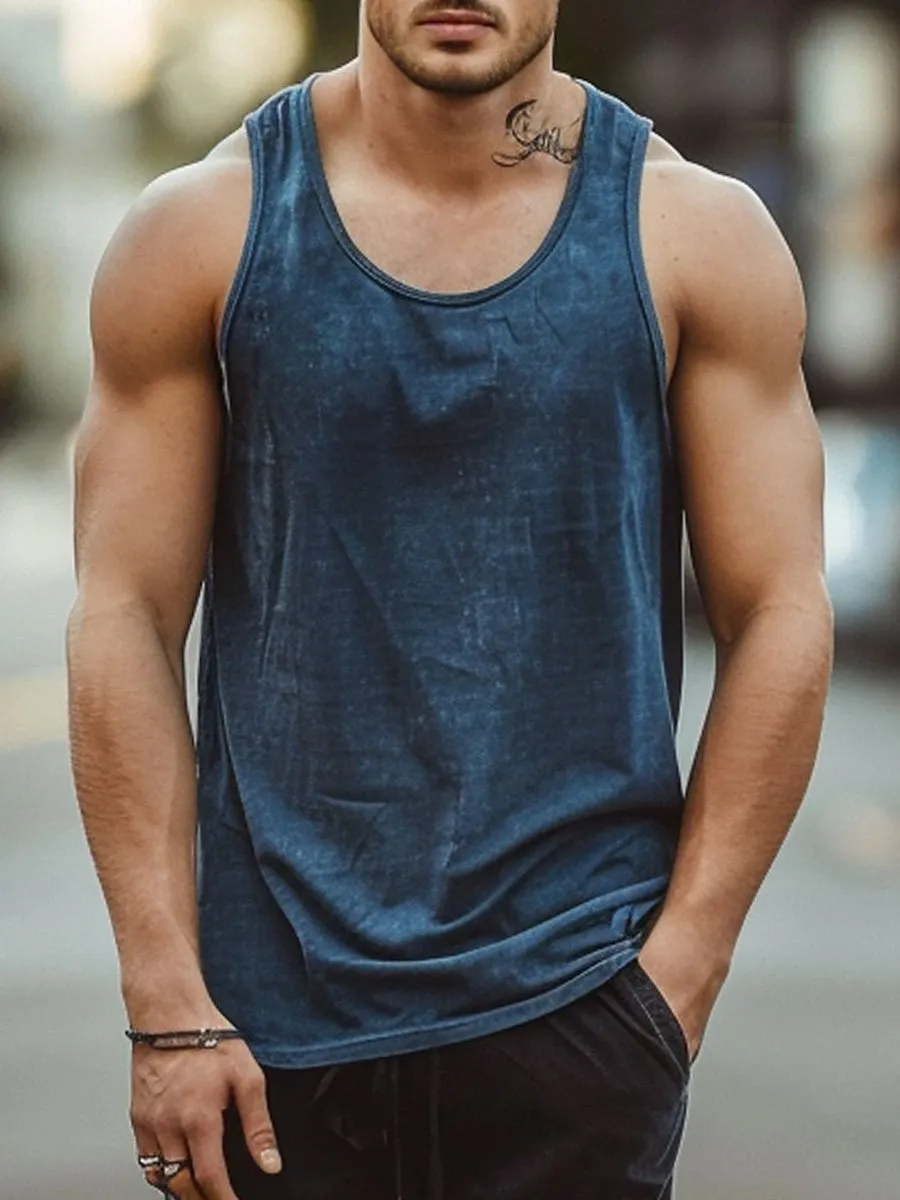 Men's Denim Blue All-Match Casual Round Neck Tank Top