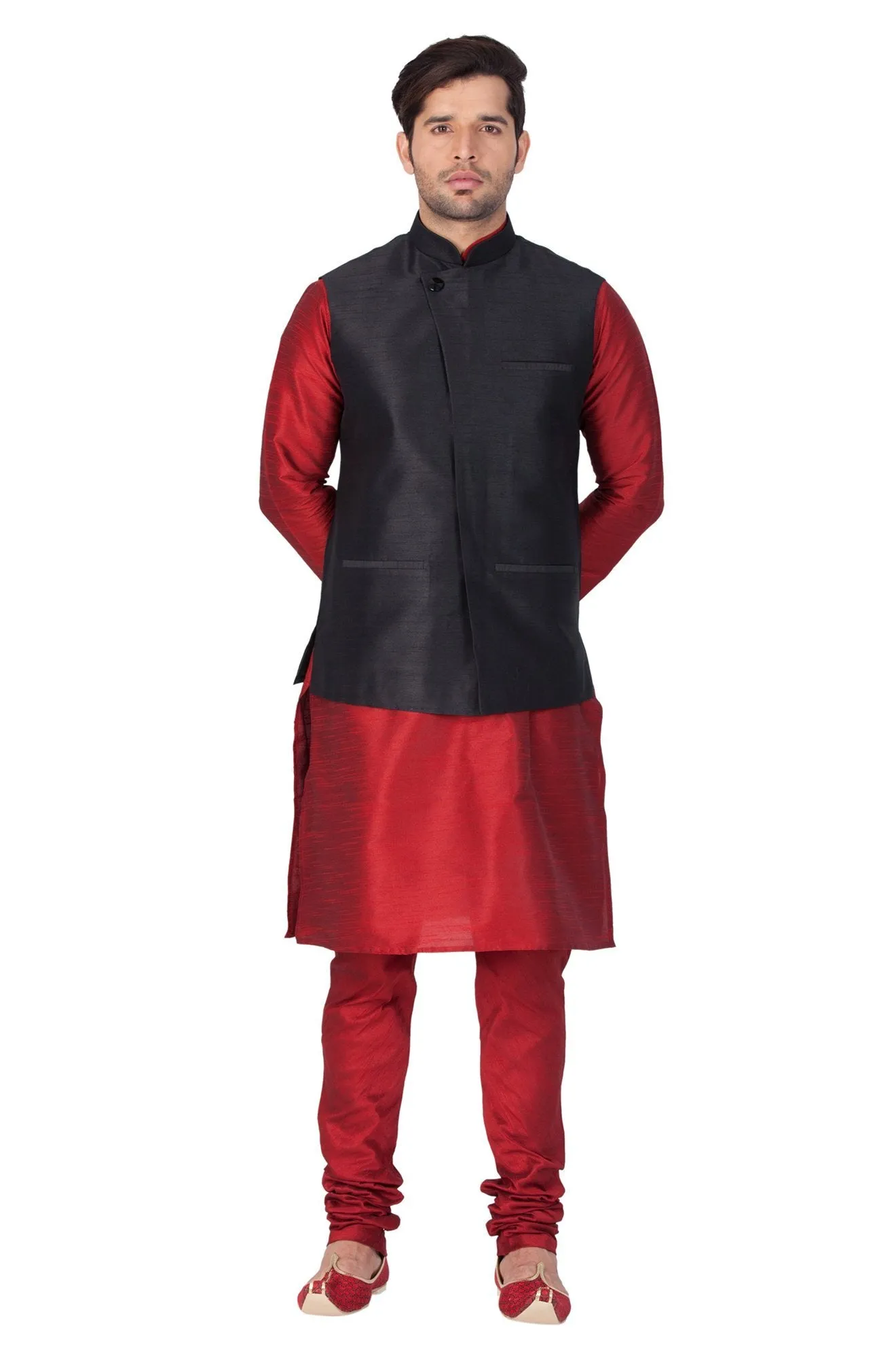 Men's Maroon Cotton Silk Blend Kurta, Ethnic Jacket and Pyjama Set