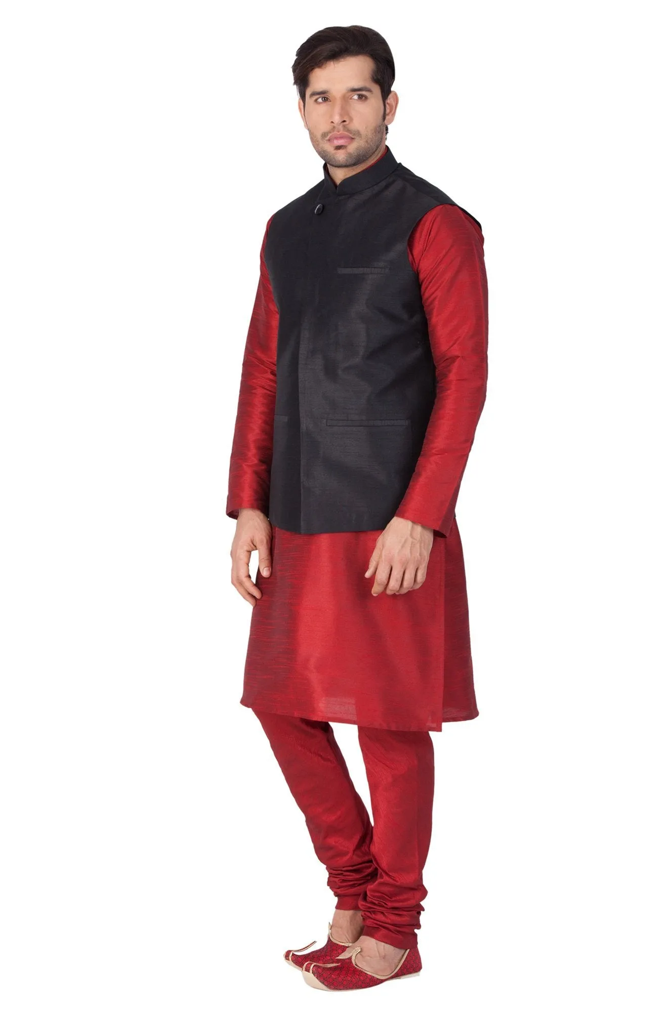 Men's Maroon Cotton Silk Blend Kurta, Ethnic Jacket and Pyjama Set