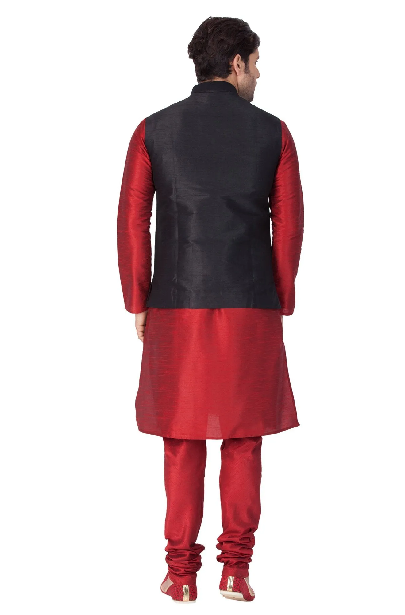 Men's Maroon Cotton Silk Blend Kurta, Ethnic Jacket and Pyjama Set