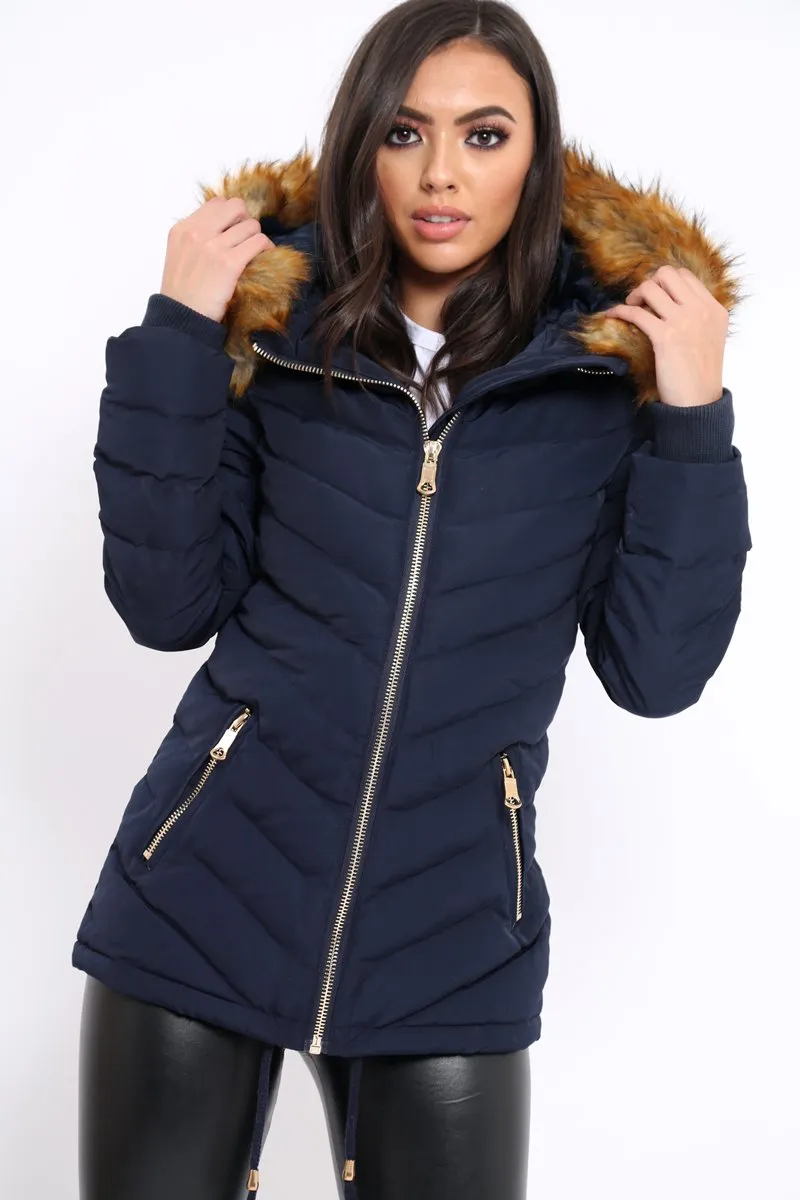 Navy Padded Coat With Faux Fur Trim Hood - Jocelyn