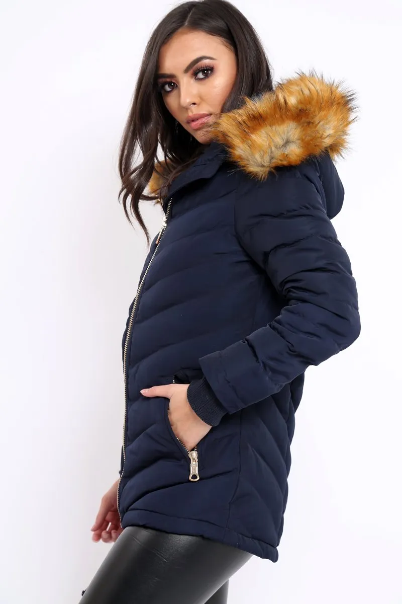 Navy Padded Coat With Faux Fur Trim Hood - Jocelyn