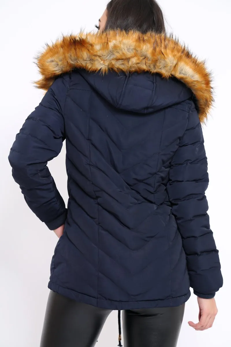 Navy Padded Coat With Faux Fur Trim Hood - Jocelyn