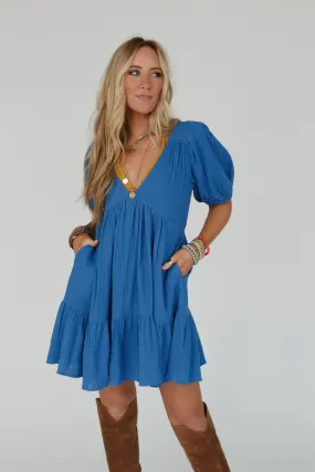 Need To Breathe Puff Sleeve Dress - Blue