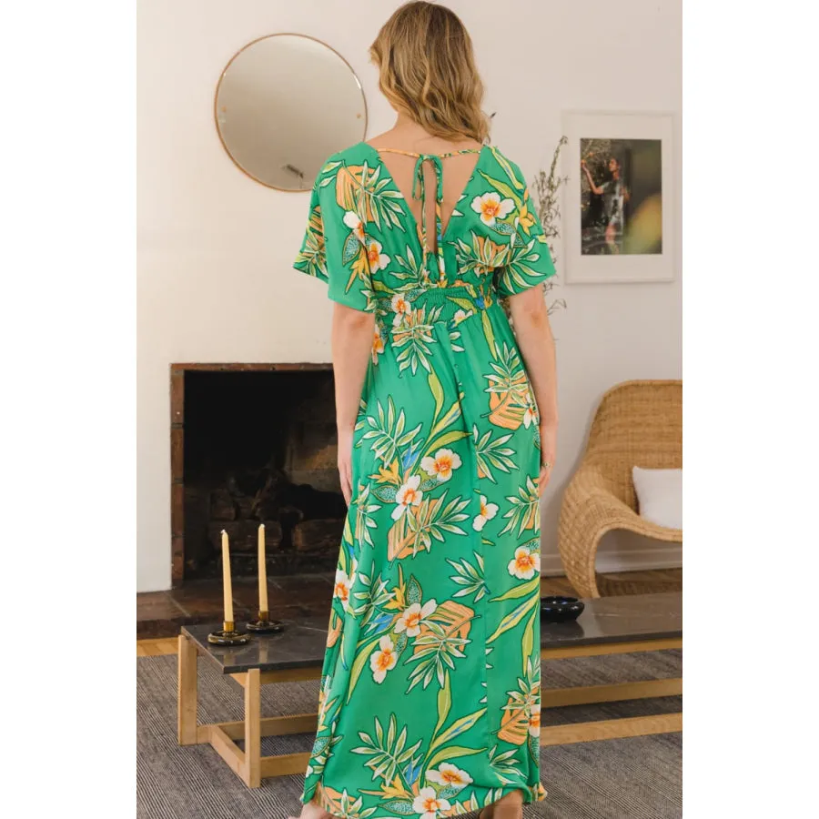 ODDI Full Size Floral Smocked Tied Back Maxi Dress