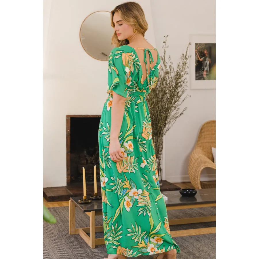 ODDI Full Size Floral Smocked Tied Back Maxi Dress