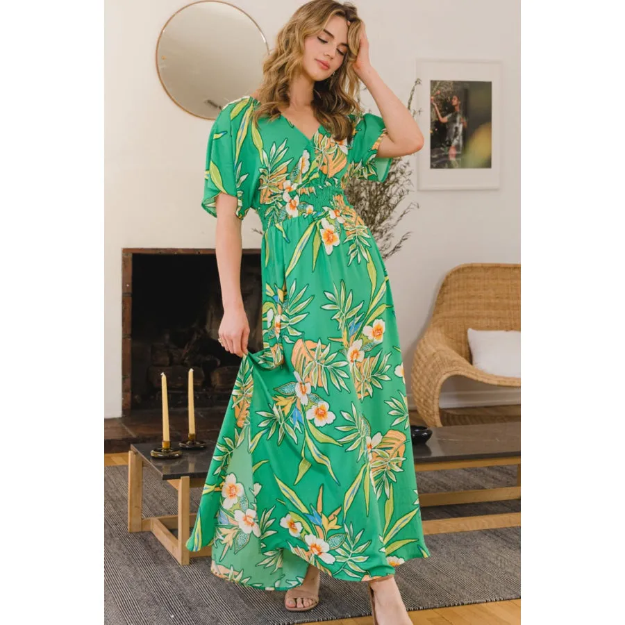 ODDI Full Size Floral Smocked Tied Back Maxi Dress