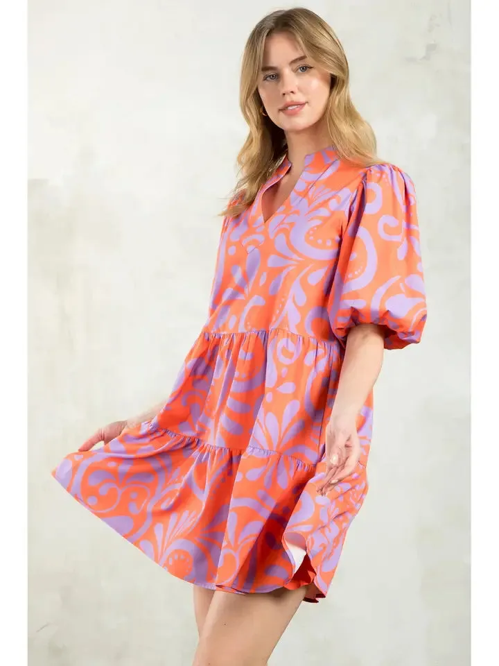 Pattern Puff Sleeve Dress