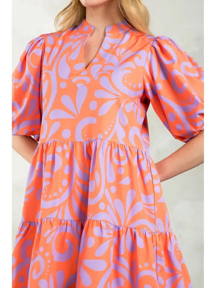 Pattern Puff Sleeve Dress