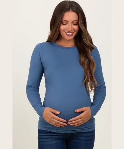 PinkBlush Blue Basic Long Sleeve Maternity Top