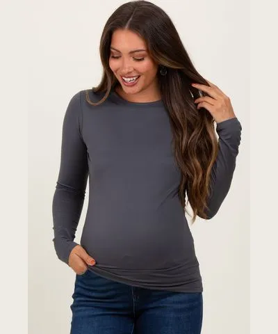 PinkBlush Grey Microfiber Basic Long Sleeve Maternity Top