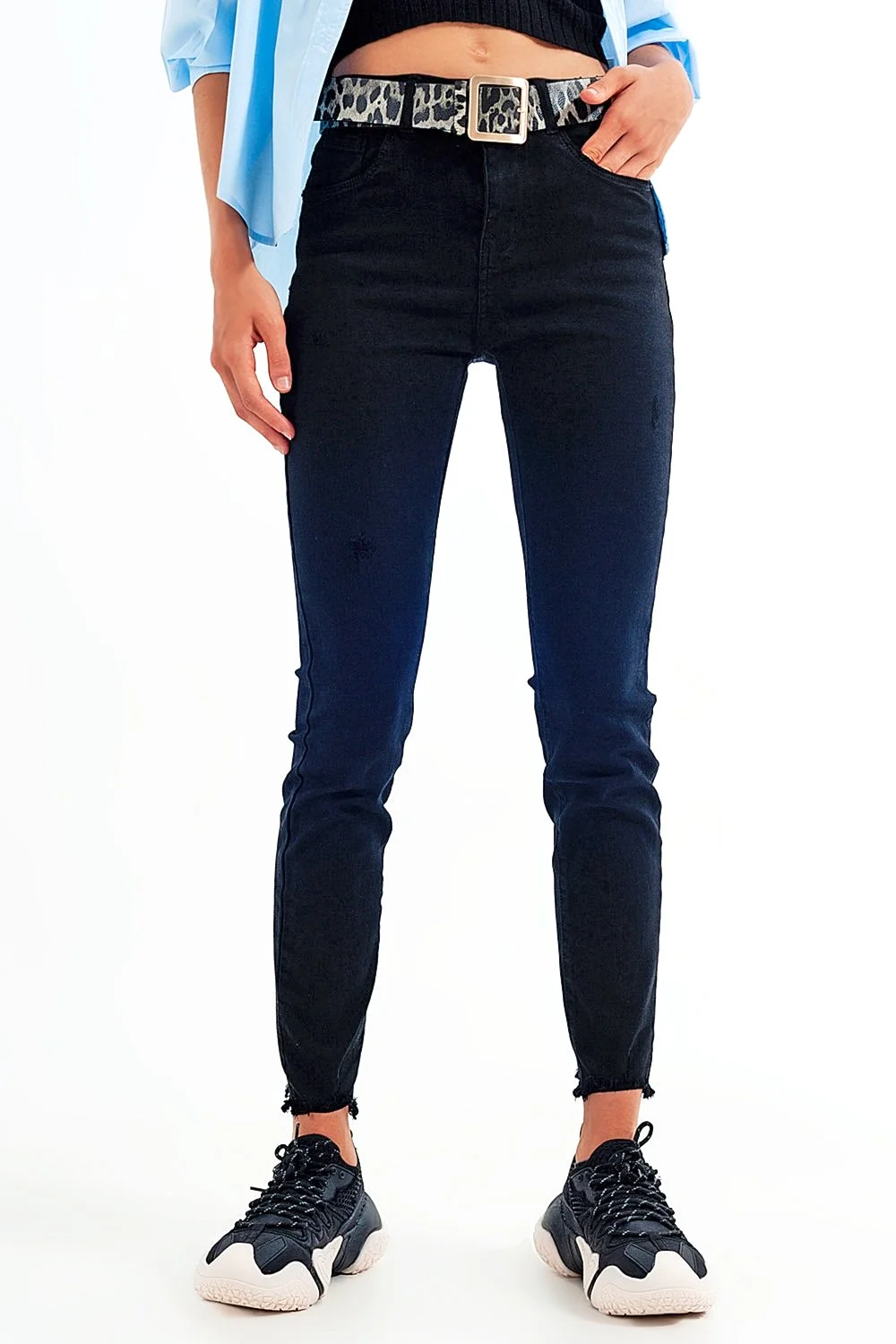 Q2 Black Jagged Hem Skinny Stretch Jeans