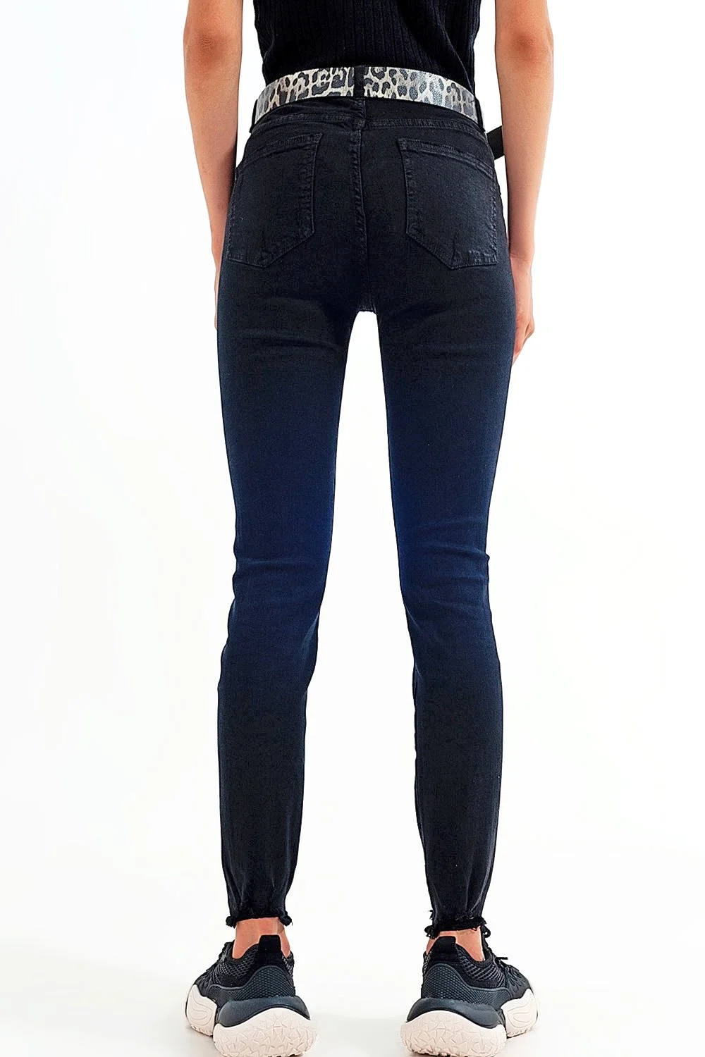 Q2 Black Jagged Hem Skinny Stretch Jeans