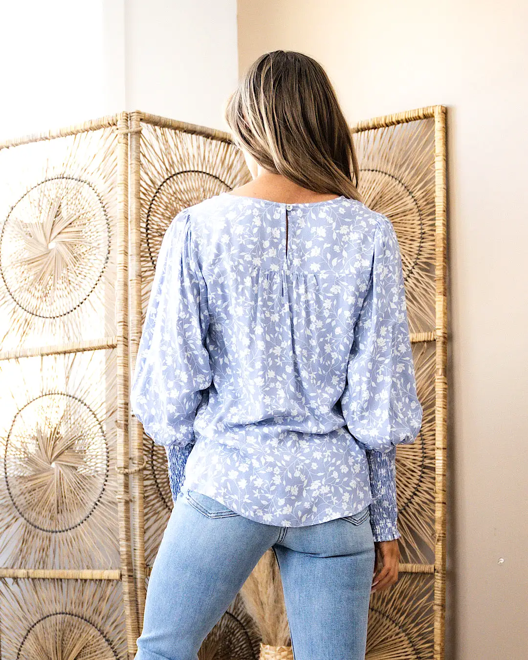 Renee Blue Floral Smocked Sleeve Top