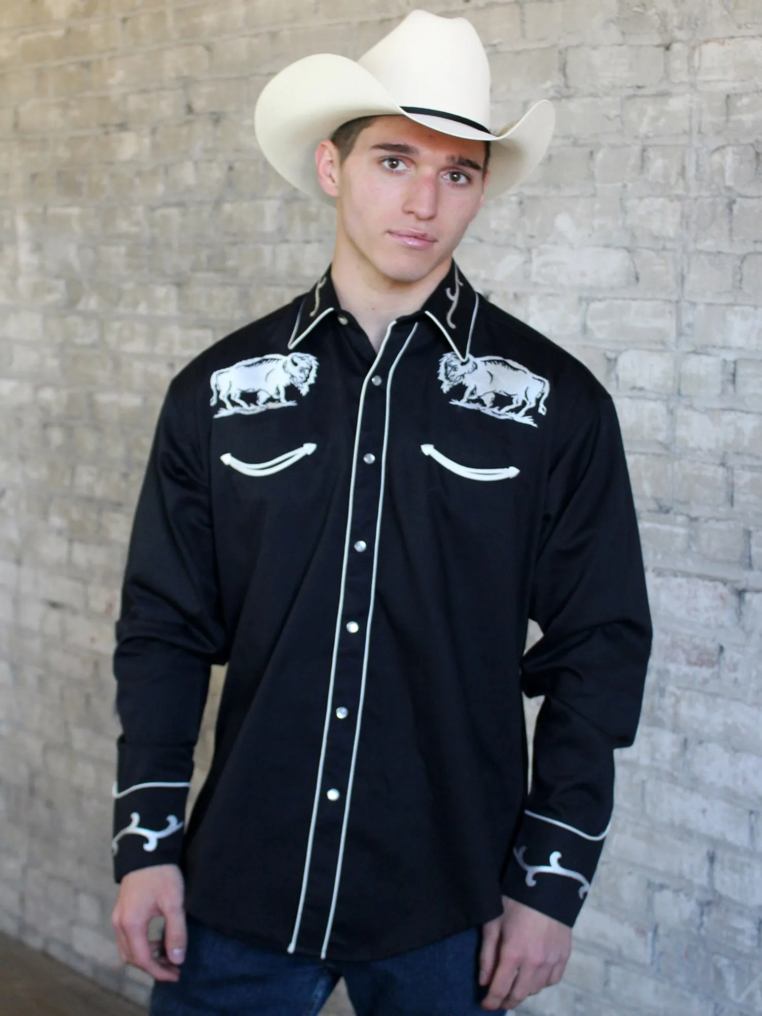 Rockmount Mens Black 100% Cotton Vintage Bison Western L/S Shirt