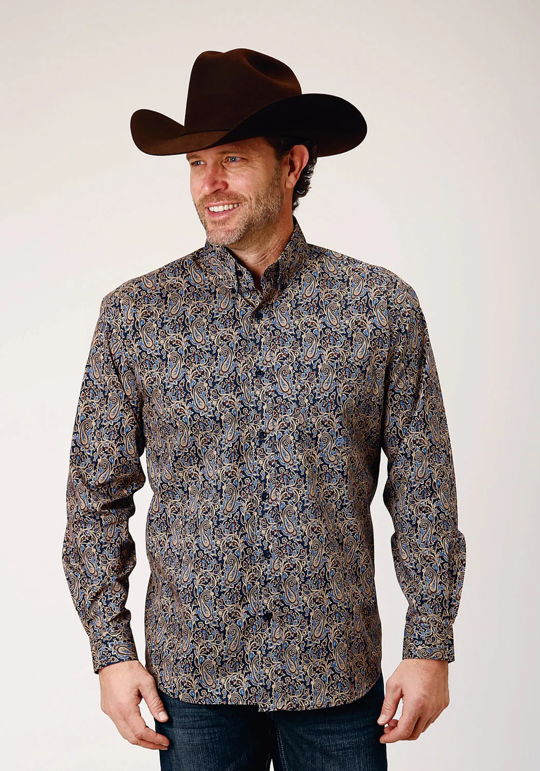 Roper Mens Vintage Paisley Blue 100% Cotton L/S Shirt