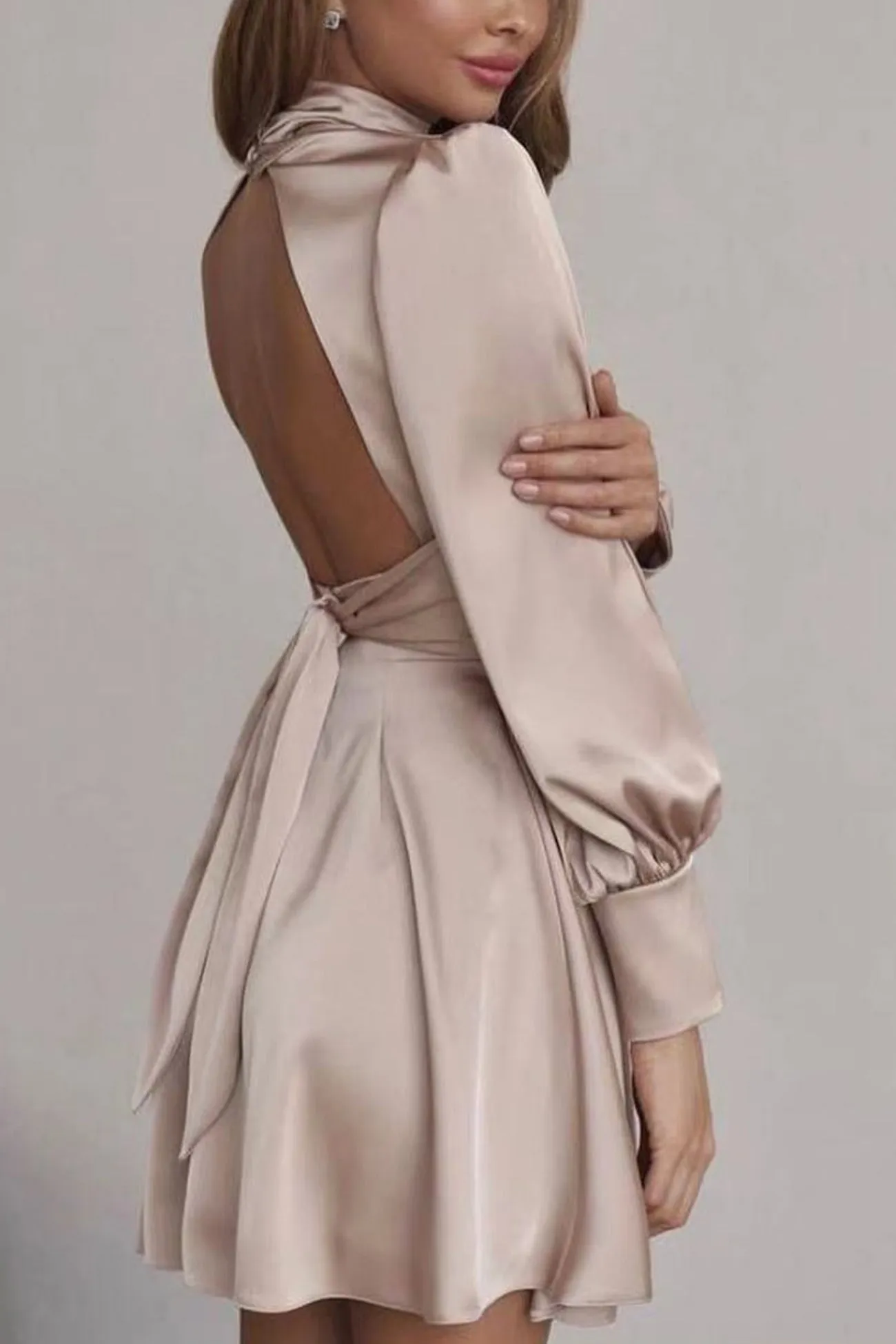 Satin Puff Sleeve Strappy Backless Dress