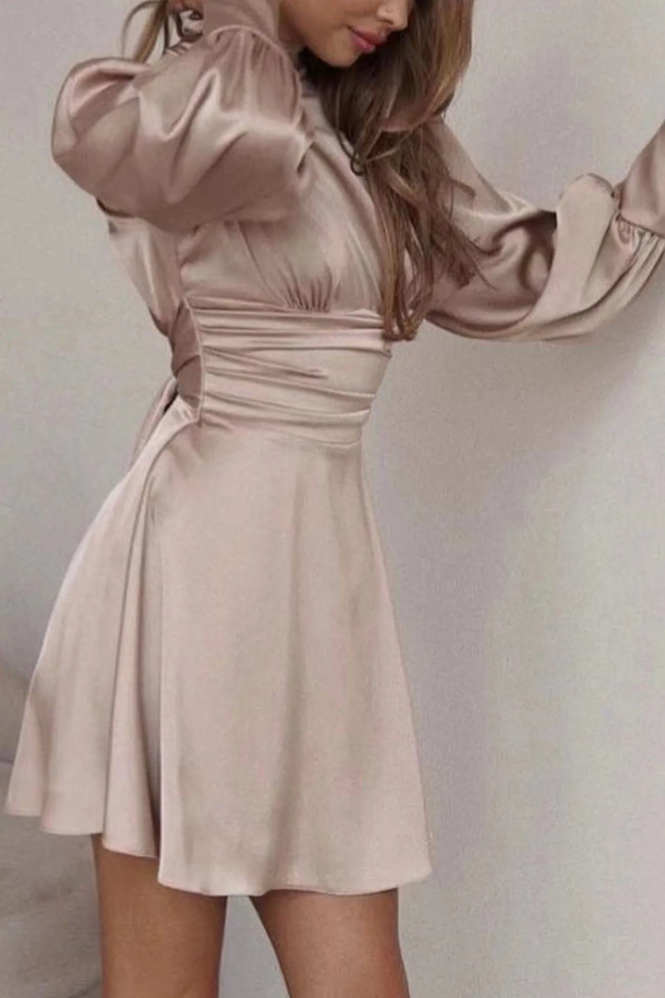 Satin Puff Sleeve Strappy Backless Dress