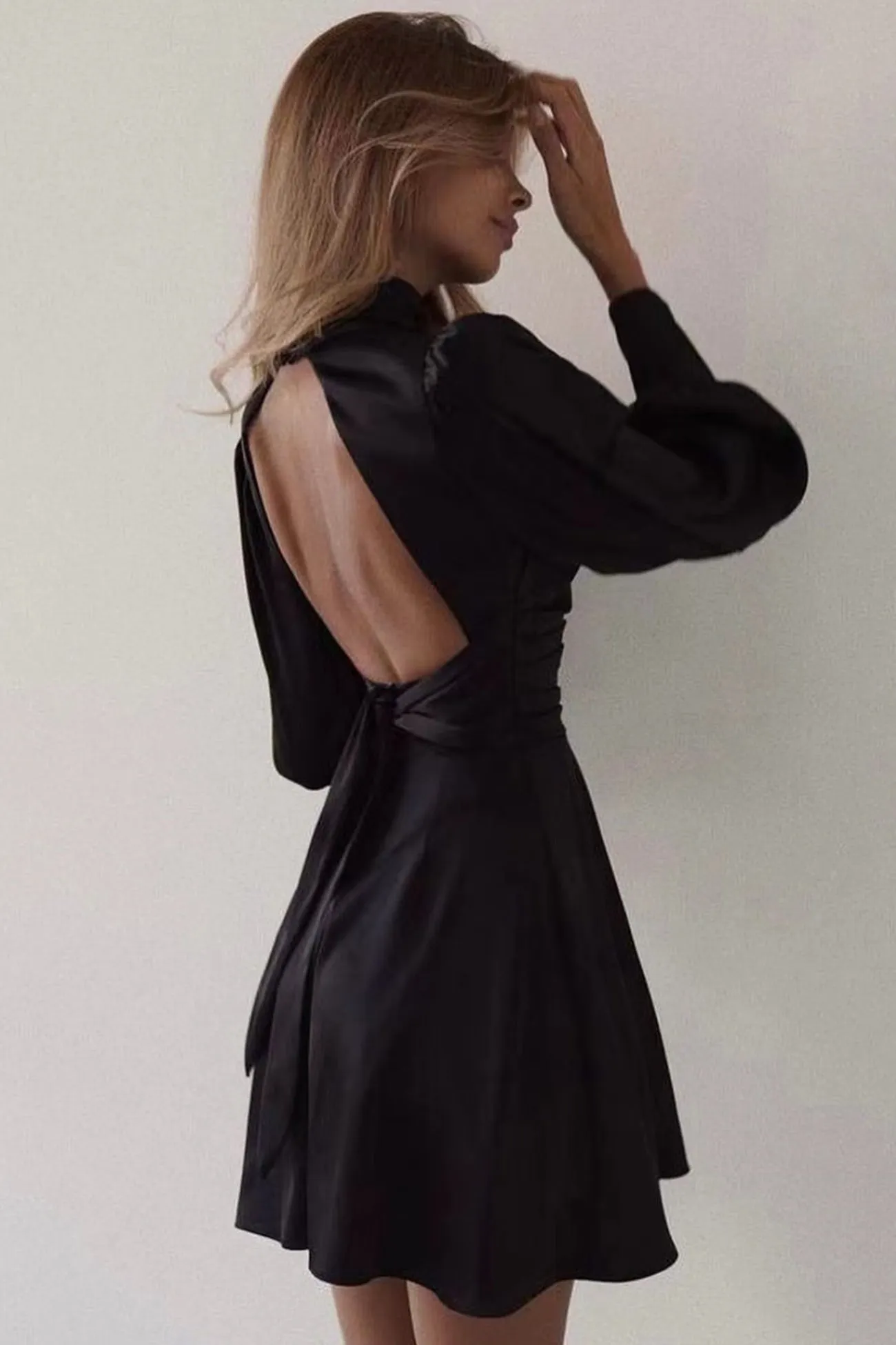 Satin Puff Sleeve Strappy Backless Dress