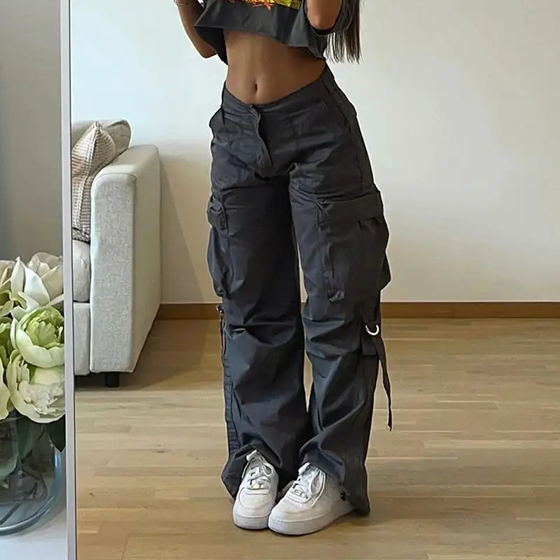 Solids Casual Cargo Jeans Zipper Button Pockets Denim Pants Streetwear Hippie Vintage Loose Baggy Women Skinny Trousers