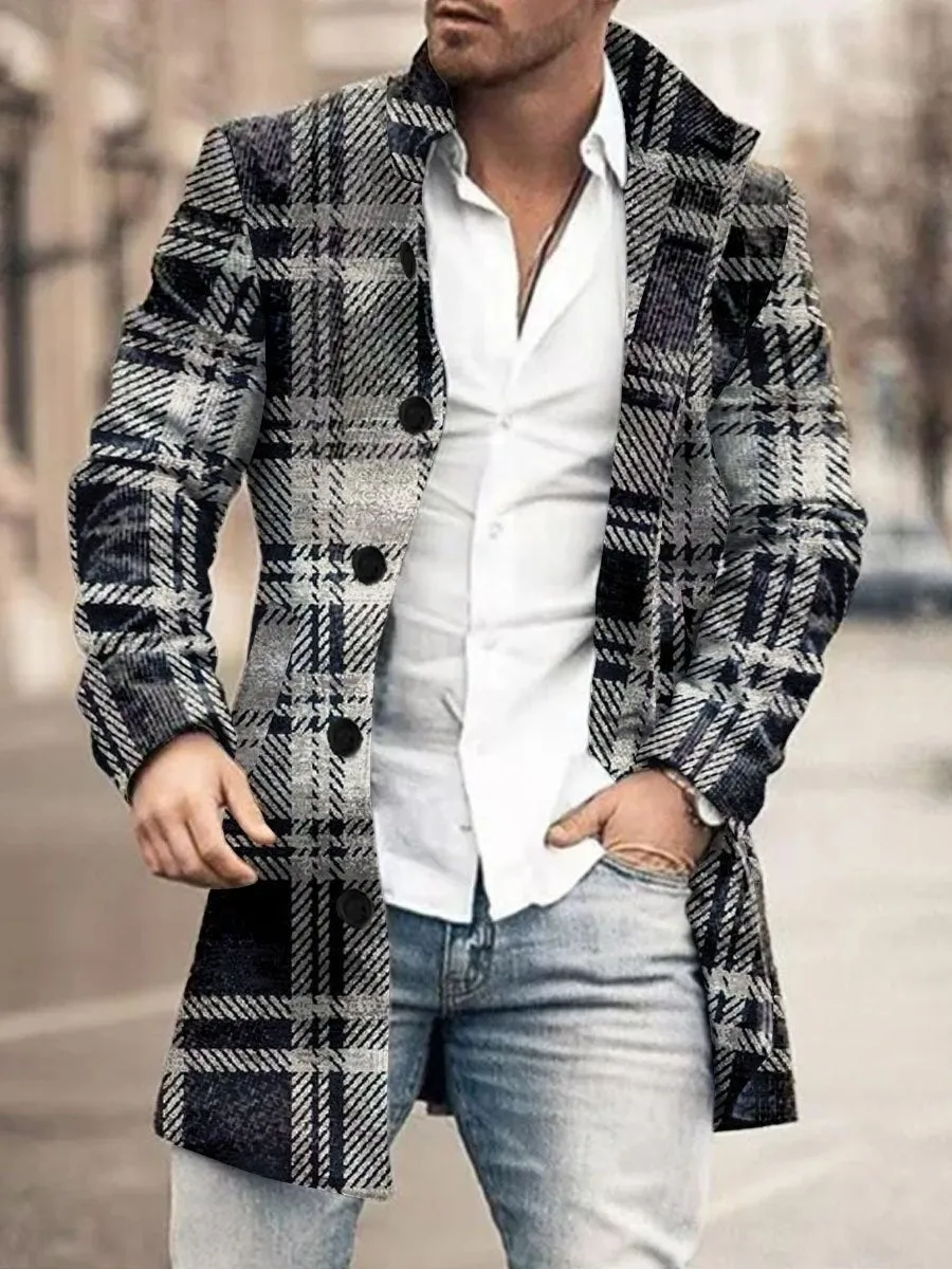 Stand-Collar Single-Breasted Classic Plaid Print Double-Pocket Wool Coat