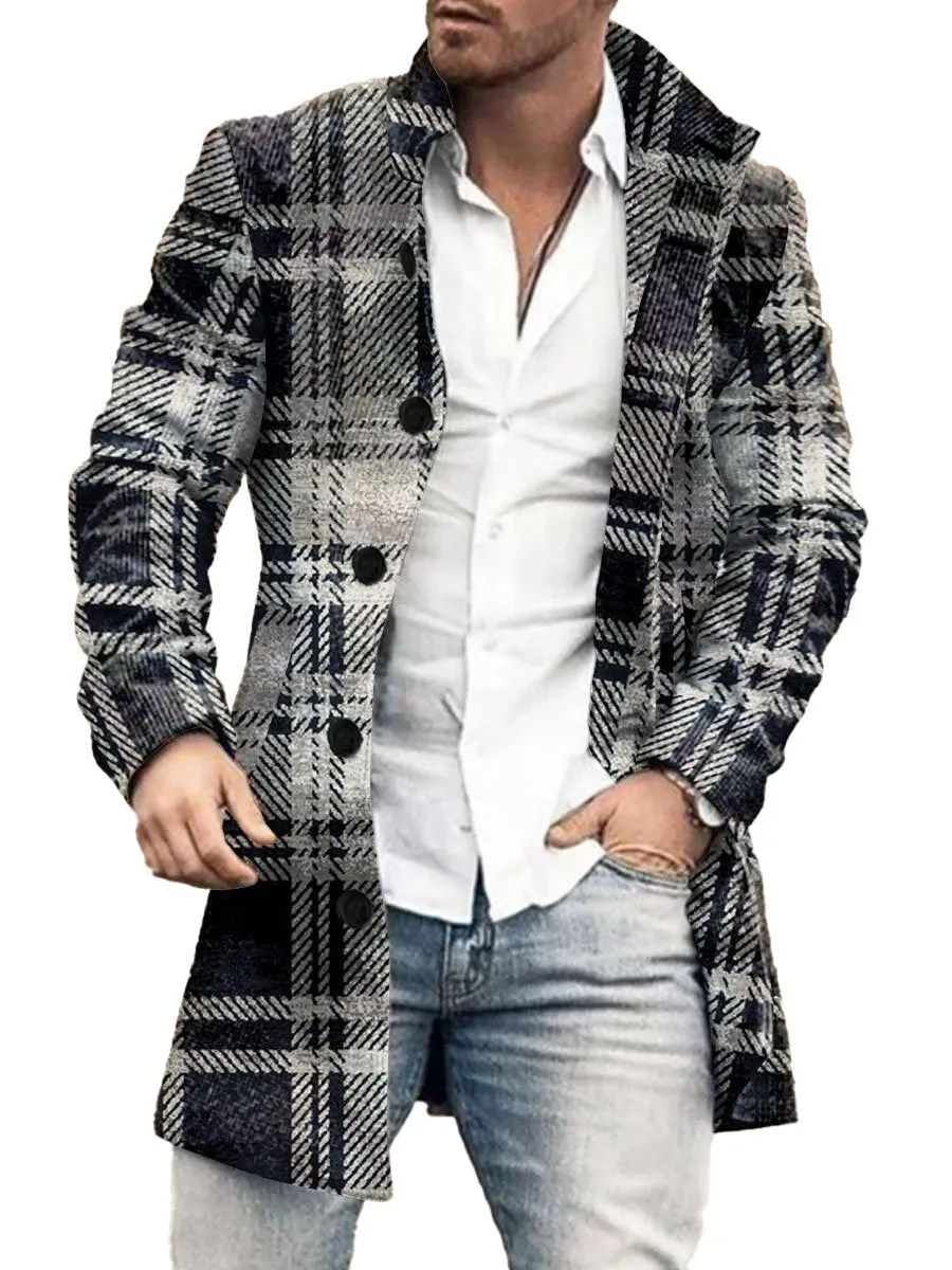 Stand-Collar Single-Breasted Classic Plaid Print Double-Pocket Wool Coat