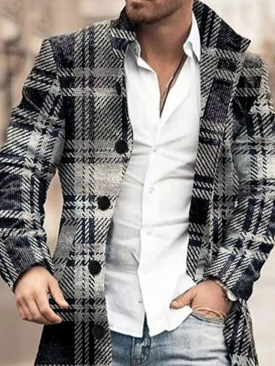 Stand-Collar Single-Breasted Classic Plaid Print Double-Pocket Wool Coat