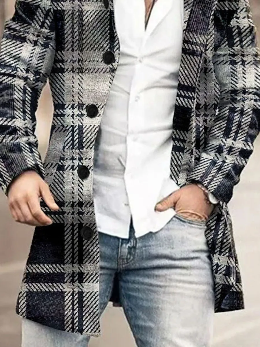 Stand-Collar Single-Breasted Classic Plaid Print Double-Pocket Wool Coat