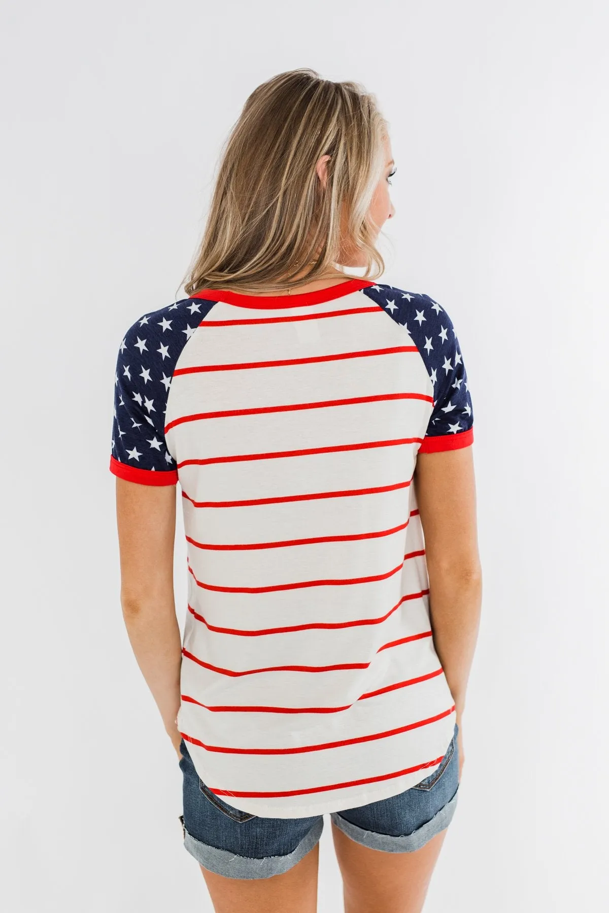 Stars & Stripes Short Sleeve Raglan Top- Red, Ivory, & Navy