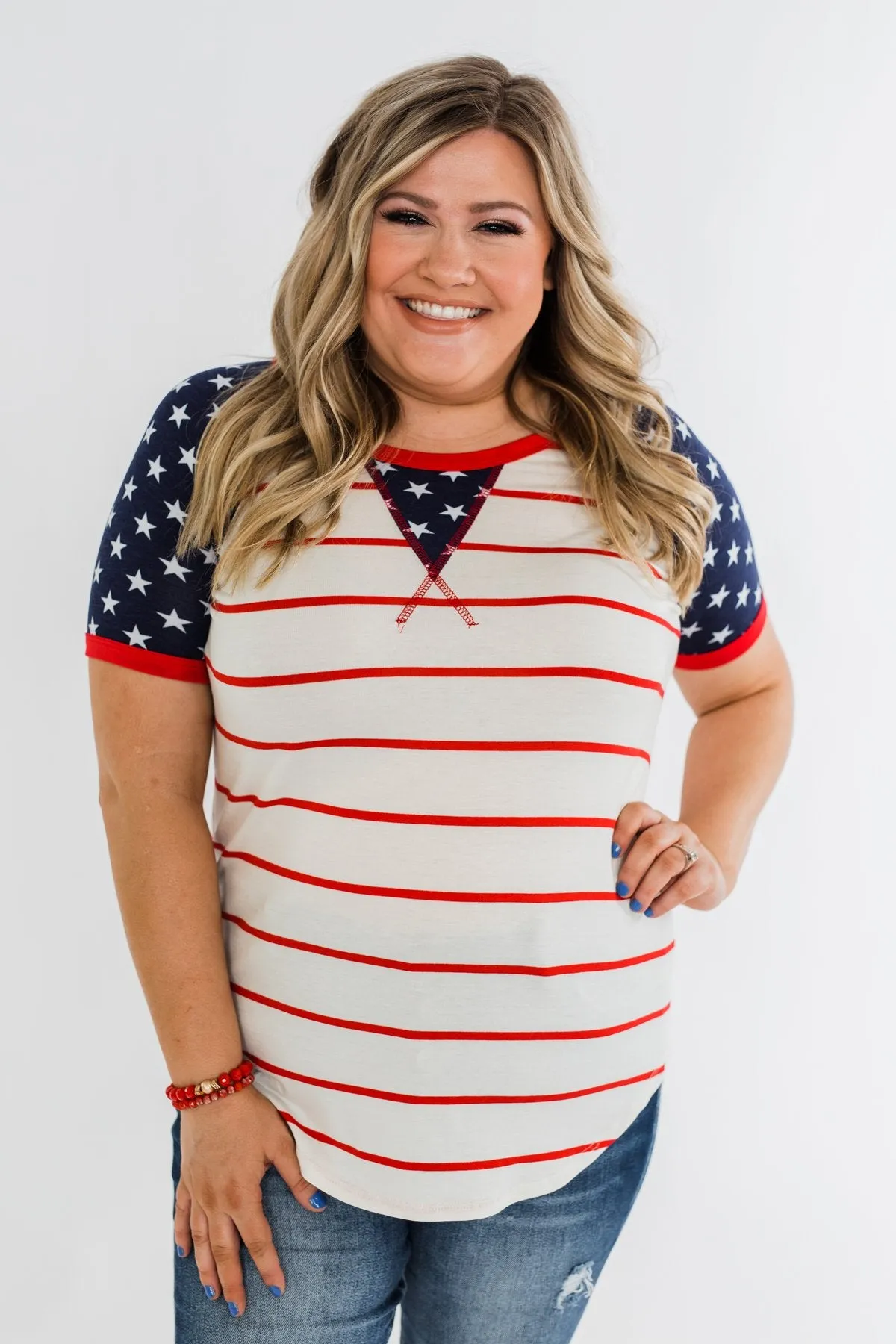 Stars & Stripes Short Sleeve Raglan Top- Red, Ivory, & Navy