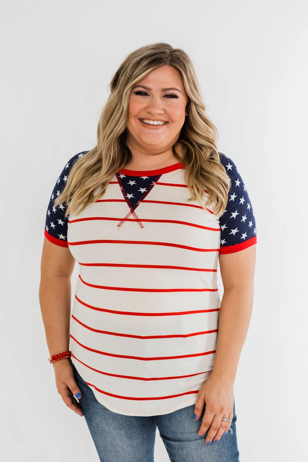 Stars & Stripes Short Sleeve Raglan Top- Red, Ivory, & Navy