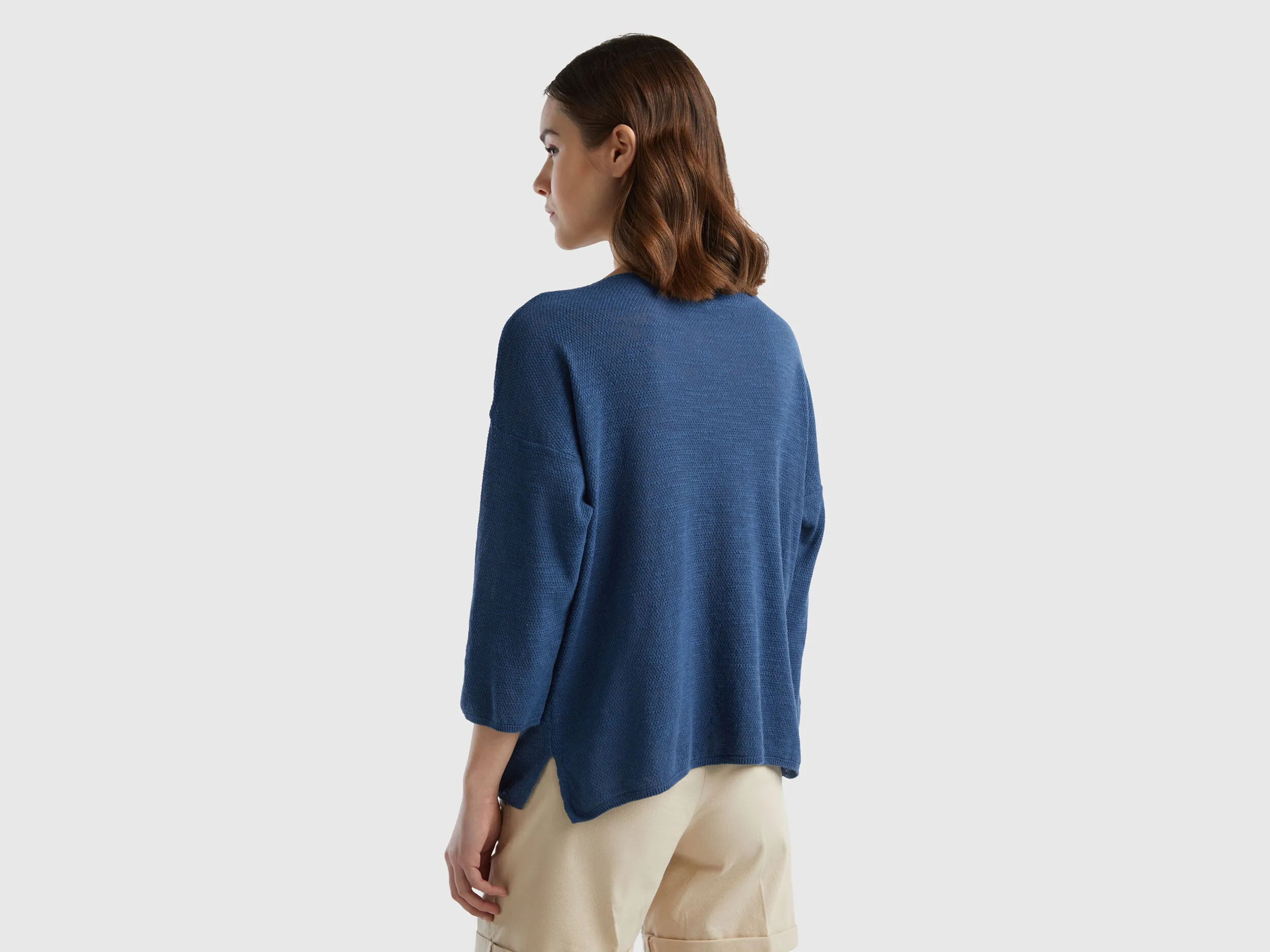 Sweater in linen blend with 3/4 sleeves - Air Force Blue | Benetton