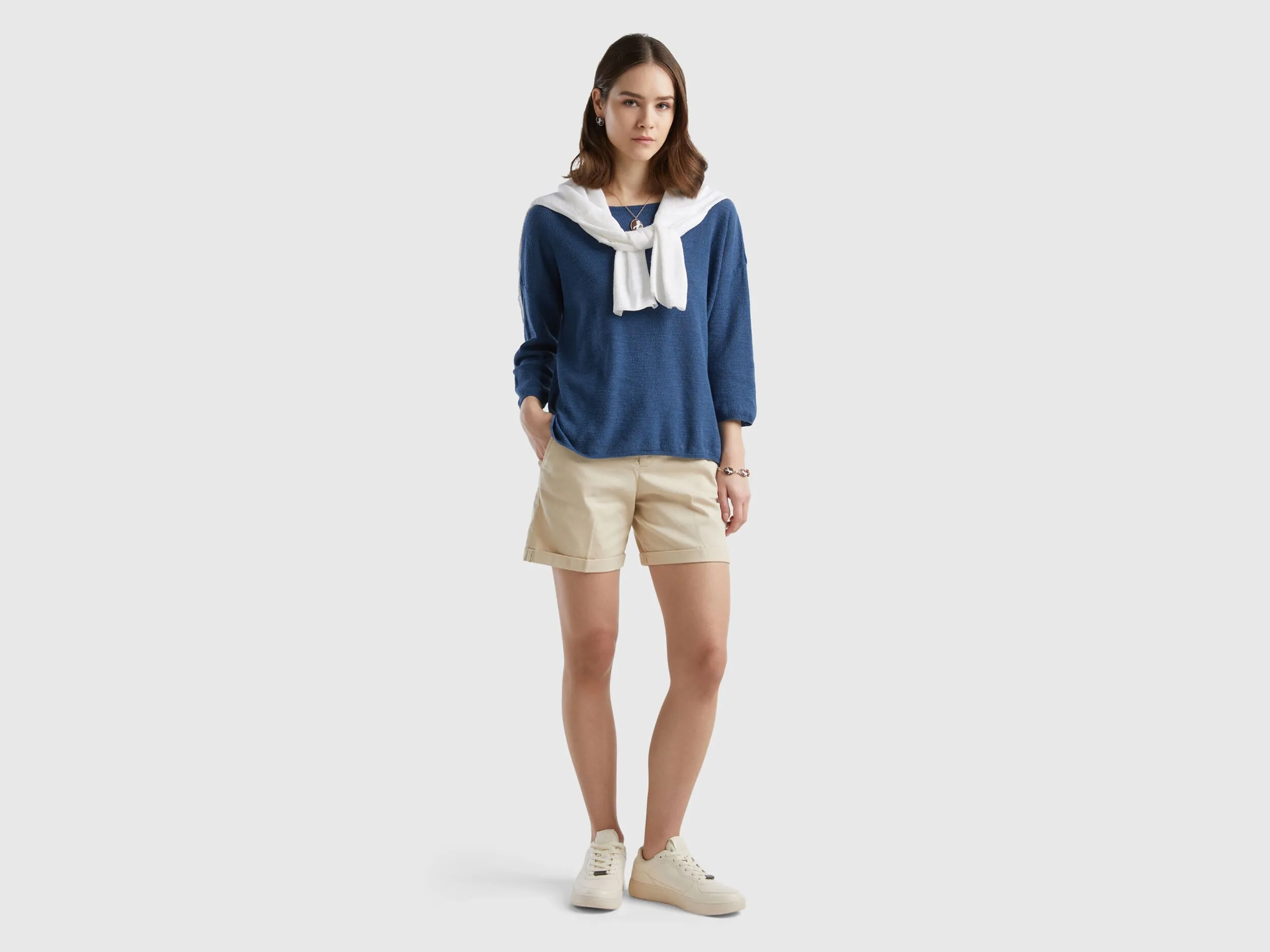 Sweater in linen blend with 3/4 sleeves - Air Force Blue | Benetton