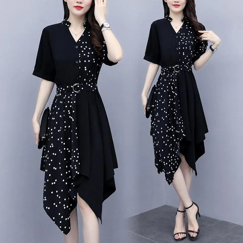 Temperament Slim Irregular Wave Point Stitching Sexy V-Neck Dress