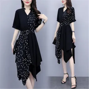 Temperament Slim Irregular Wave Point Stitching Sexy V-Neck Dress