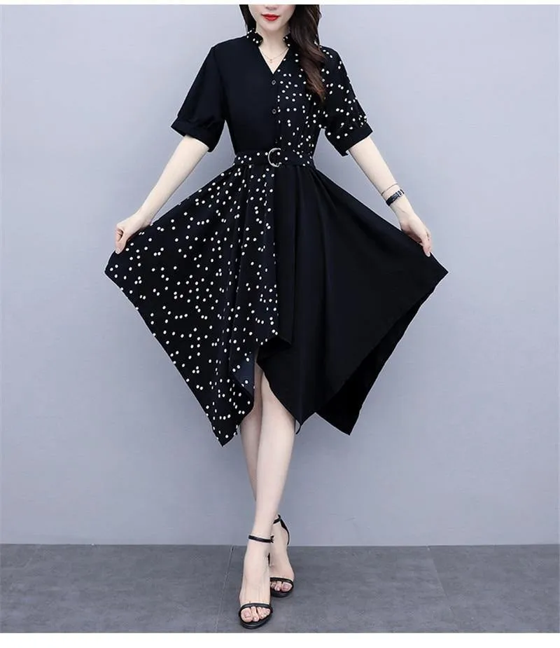 Temperament Slim Irregular Wave Point Stitching Sexy V-Neck Dress