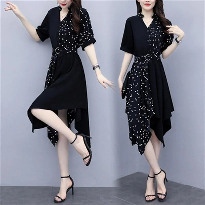 Temperament Slim Irregular Wave Point Stitching Sexy V-Neck Dress