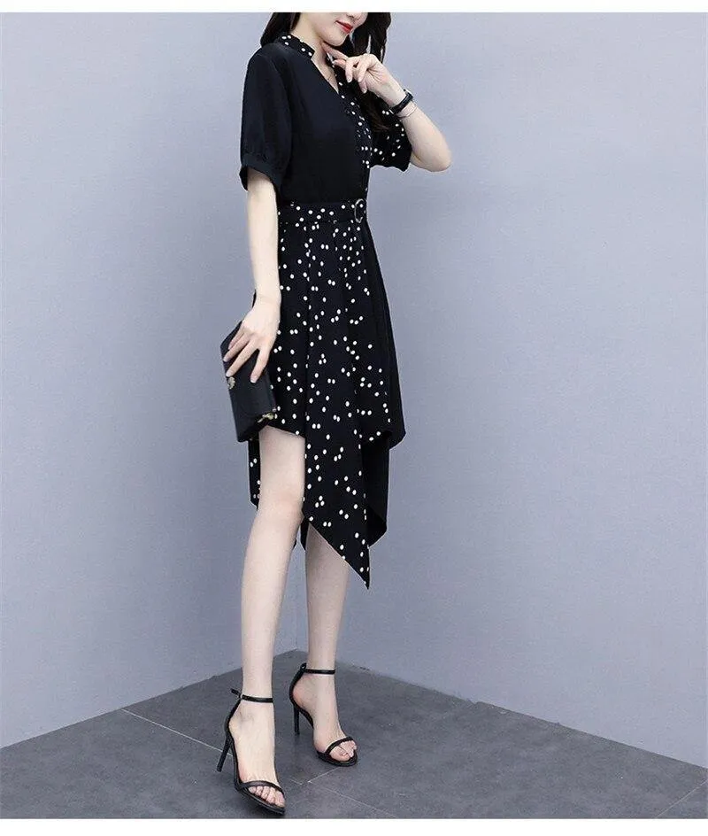 Temperament Slim Irregular Wave Point Stitching Sexy V-Neck Dress