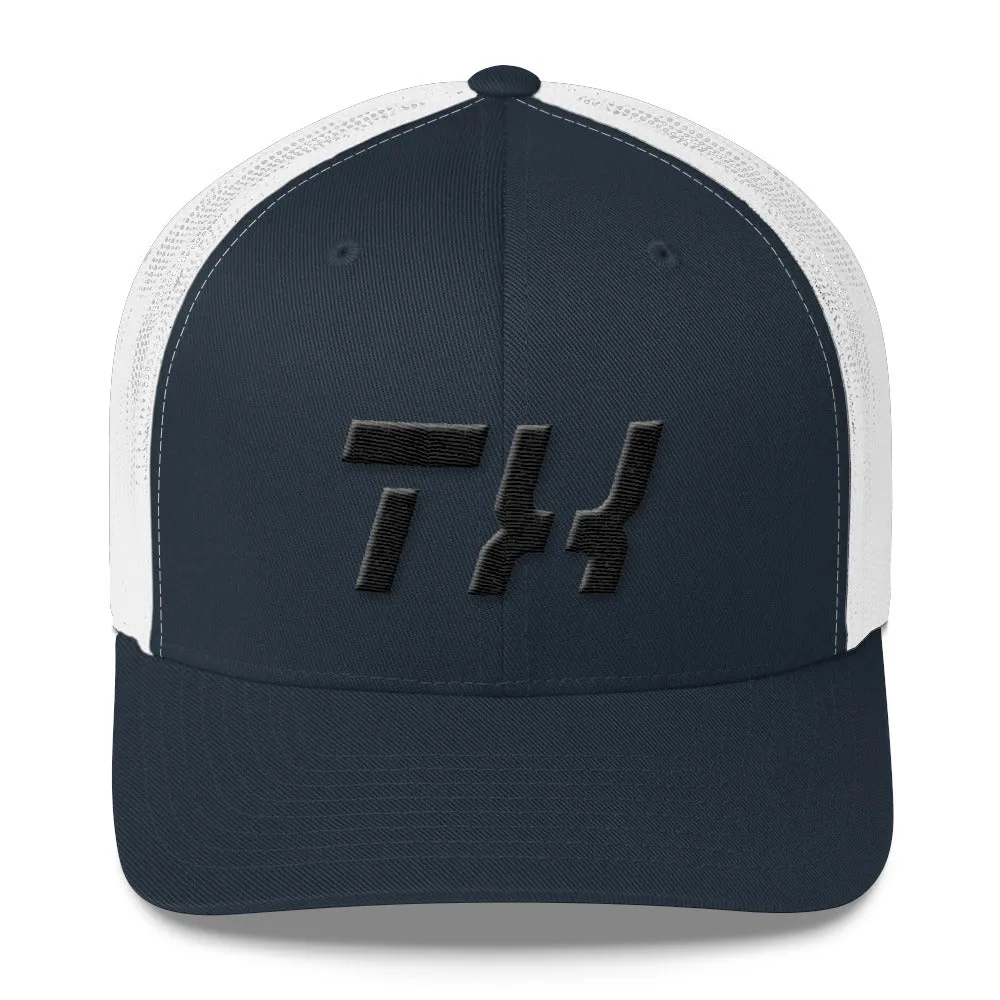 Texas - Mesh Back Trucker Cap - Black Embroidery - TX - Many Hat Color Options Available