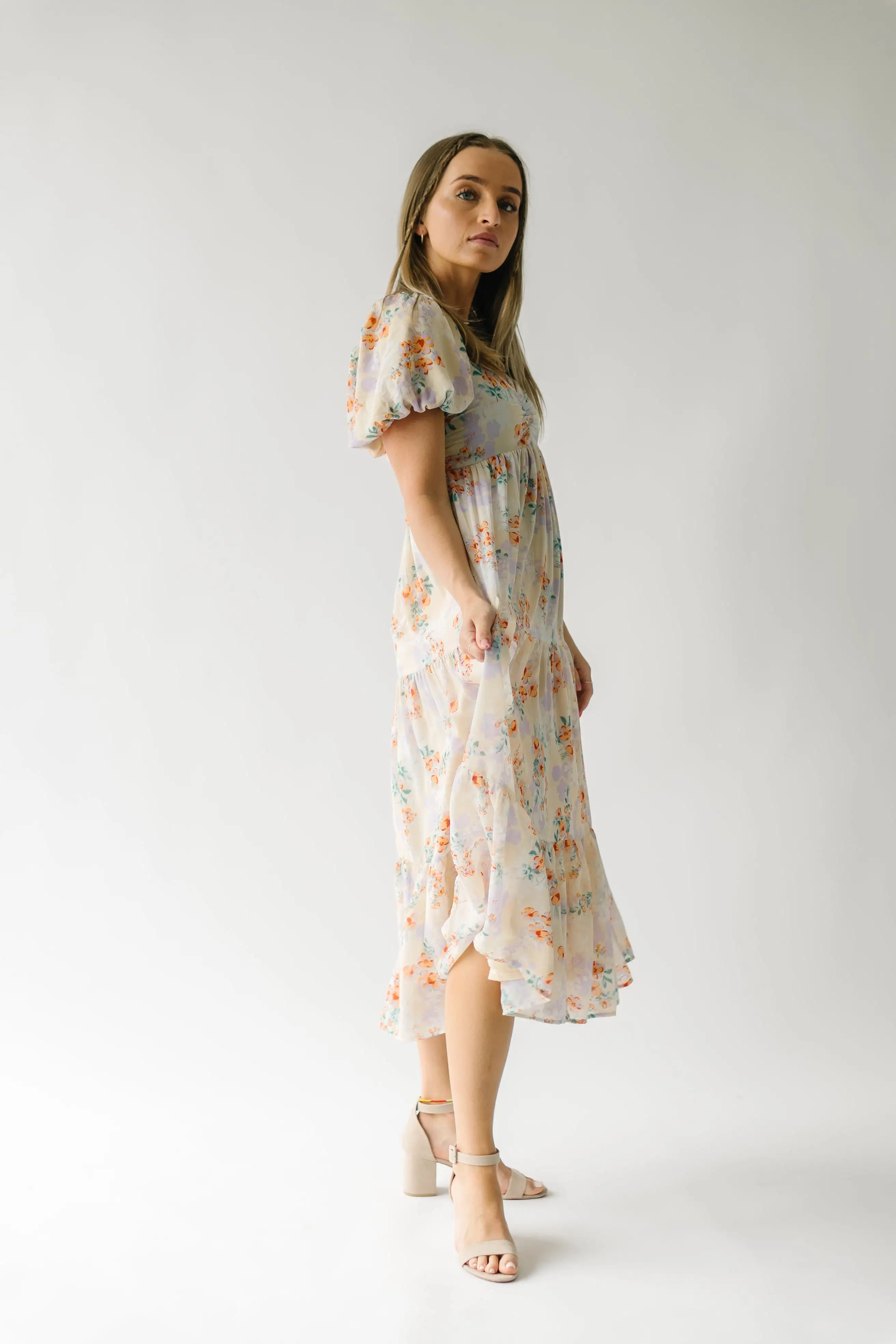 The Almira Puff Sleeve Midi Dress in Cream Floral