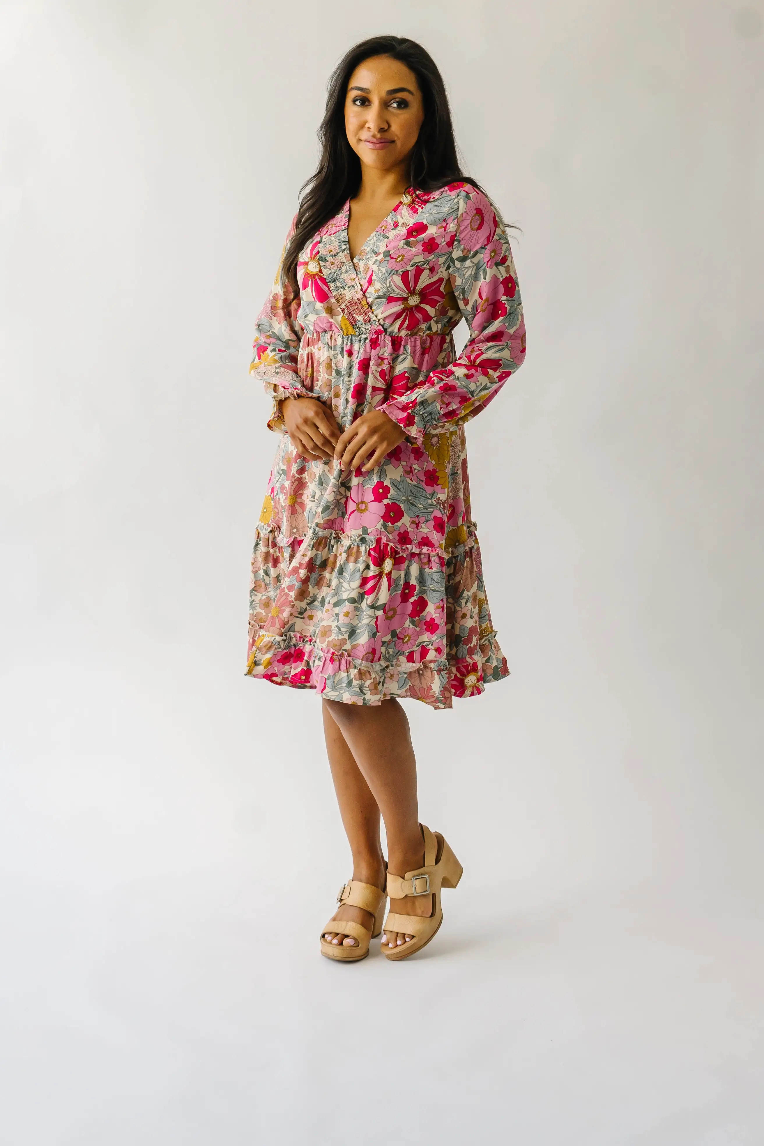 The Burnsville Smocked Detail Dress in Sherbet Pink Floral