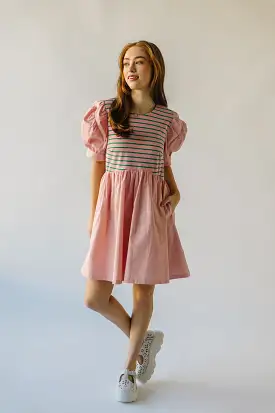 The Taylen Puff Sleeve Dress in Pink + Green Stripe