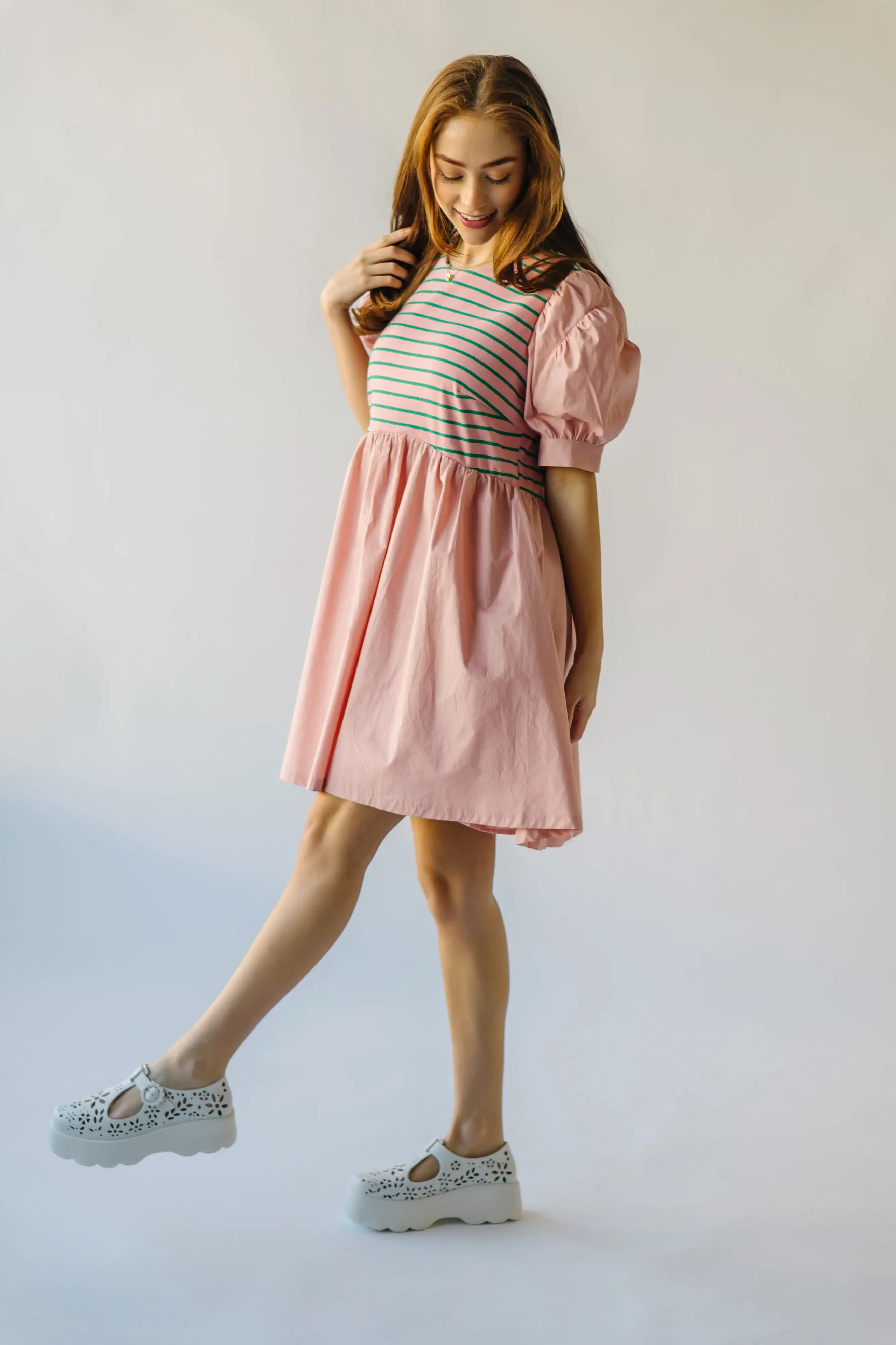 The Taylen Puff Sleeve Dress in Pink + Green Stripe