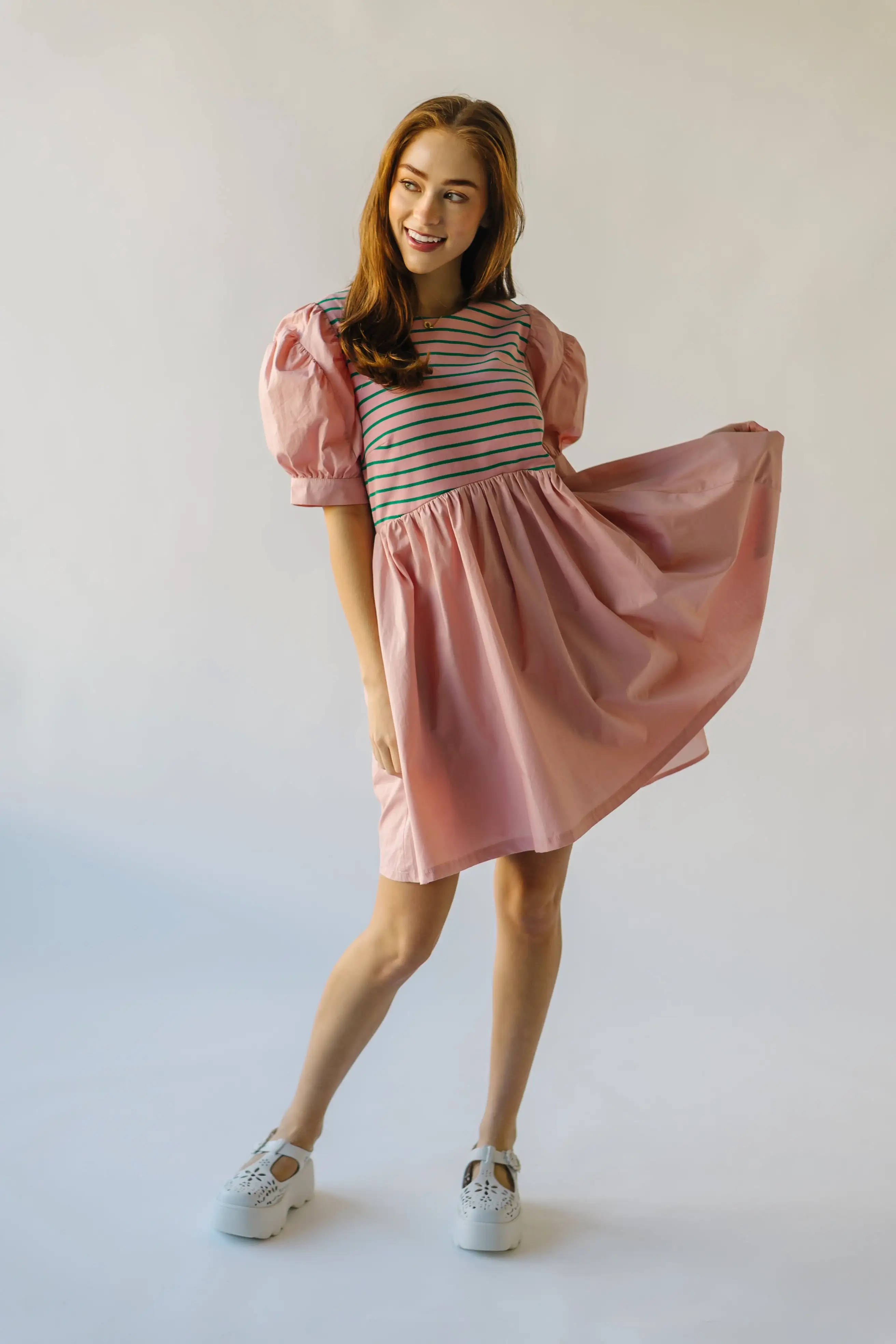 The Taylen Puff Sleeve Dress in Pink + Green Stripe